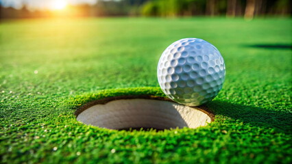 Golf ball on green grass ready to be shot into hole.