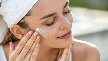 Young woman applying moisturizing cream on her face. Skin care concept.