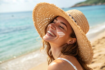 Portrait of smiling woman applying sun protection cream on her face on the beach
