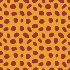 Abstract polka dot seamless pattern. Red spots on a yellow background. Vector illustration for fashion, background, paper, packaging, cover, fabric, wallpaper.