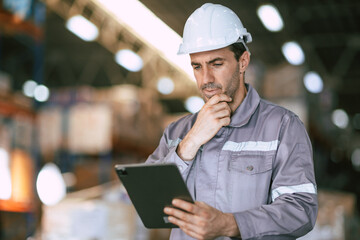 Warehouse worker, Engineer manager looking at tablet screen with thinking have a problem expression