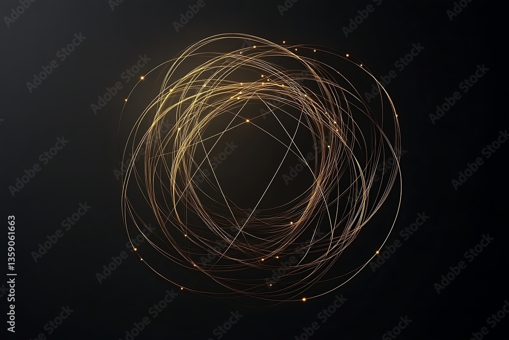 Poster Abstract golden sphere with glowing lines and particles on dark background.