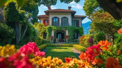 Fototapeta premium Beautiful house framed by a lush garden vibrant colors of flowers and greenery harmonize with the elegant architecture. 