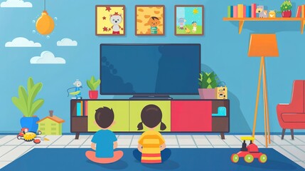 Children Sitting on Floor Watching Television in Colorful Living Room, Back View

