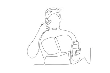 Man on the beach using sunscreen. Applying sunscreen concept one-line drawing