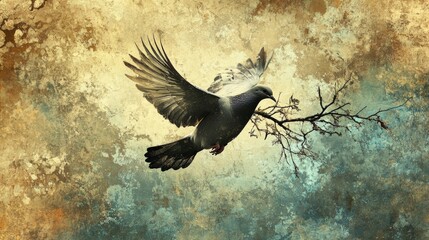 Fototapeta premium abstract a dove with a branch in its mouth flying in the air for background