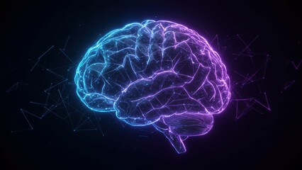 Neon brain illustration with digital elements representing neuroscience and technology concepts
