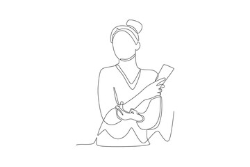 Woman wearing sunscreen. Applying sunscreen concept one-line drawing