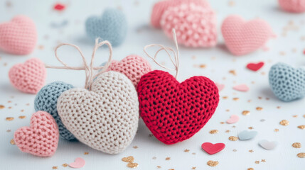 Crafted hearts decoration for Valentines day: Hand-made crochet heart on white surface for greetings card, print, poster.