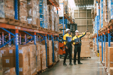 Warehouse workers working together, Inventory employee team staff in duty storage warehouse building