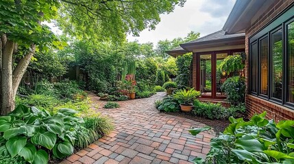 Fototapeta premium Brick patio transitions into a stone walkway surrounded by vibrant greenery and sculpted plants creating a harmonious outdoor space. 