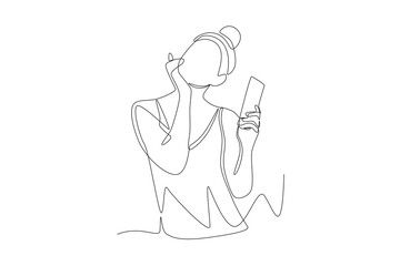 Happy woman wearing sunscreen. Applying sunscreen concept one-line drawing