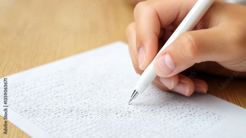 Poster hand holding pen writing on paper with patterns and text