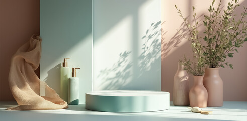 elegant bottles and vases in a pastel-colored setting