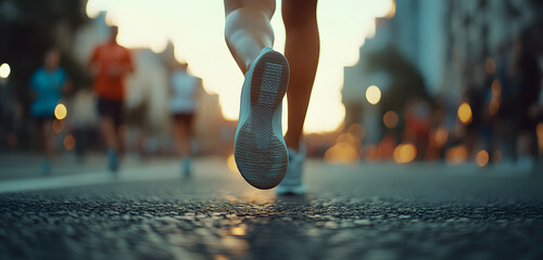 Close-up of a runner’s leg in marathon with blurred runners in the background