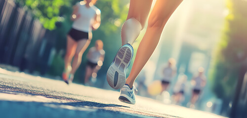 Close-up of a runner’s leg in marathon with blurred runners in the background