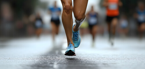 Close-up of a runner’s leg in marathon with blurred runners in the background