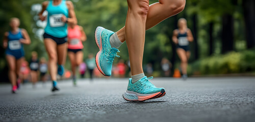 Close-up of a runner’s leg in marathon with blurred runners in the background