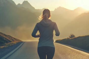 A woman in sportswear running on the road with mountains and fog in the background