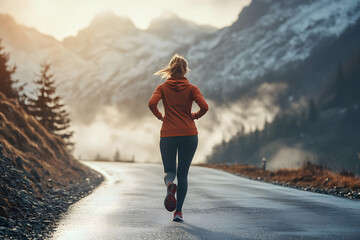 A woman in sportswear running on the road with mountains and fog in the background
