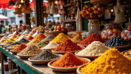 Fototapeta premium A vibrant market display featuring colorful piles of spices in various bowls, surrounded by fruits and a lively atmosphere.