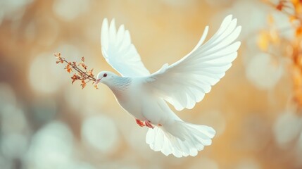 Fototapeta premium abstract a dove with a branch in its mouth flying in the air for background