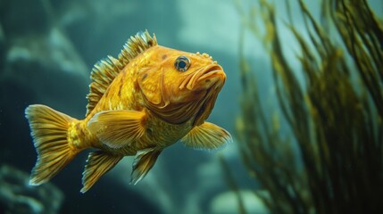 Obraz premium Vibrant orange fish in an aquarium setting, showcasing its detailed fin structure and scales. Close-up view highlights its aquatic environment with kelp and rocks