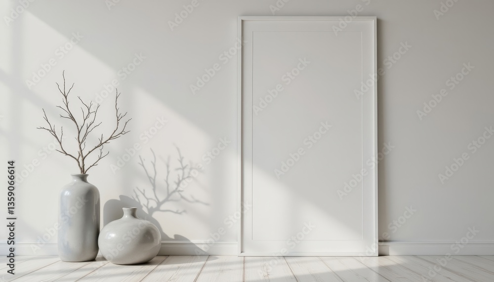 Poster a serene minimalist interior featuring two vases and a blank frame casting soft shadows on a light w