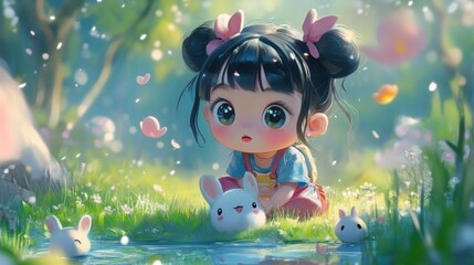 Fototapeta premium A girl with two rabbits in a spring forest