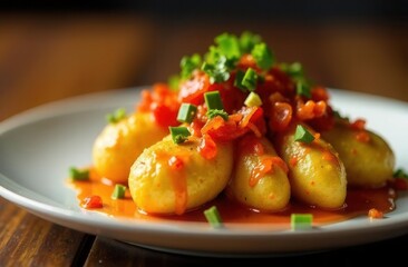 Potato with vegetables in wooden bowl. Potato with greens on setting table, close up	
