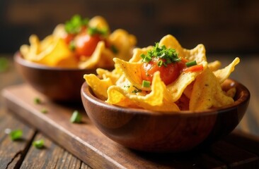 Potato chips in wooden bowl. Crisp with greens on setting table, close up	