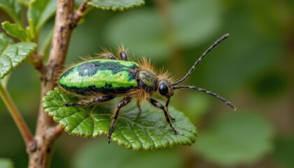 A vibrant green beetle rests on a leaf, showcasing intricate details and textures of its body and surroundings.