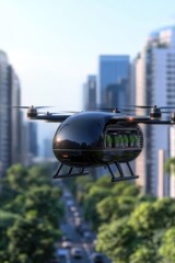 Naklejka premium Eco-Friendly Drone Delivering Packages Over a Lush Green Landscape