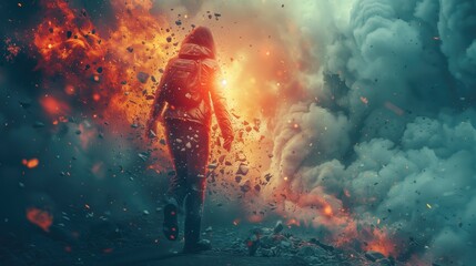 An imaginative scene of a person breaking through a brick wall with a sledgehammer, symbolizing perseverance, determination, and the ability to overcome obstacles in business and entrepreneurship