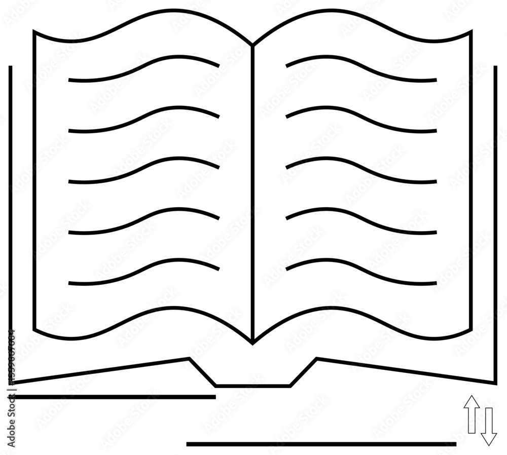 Poster open book with curved lines symbolizing text and arrows suggesting scrolling or navigation. ideal fo
