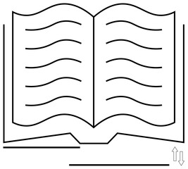 Open book with curved lines symbolizing text and arrows suggesting scrolling or navigation. Ideal for reading, literature, learning, education, documentation, storytelling, digital library. Flat
