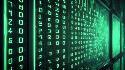 Futuristic Green Digital Code Matrix Wall