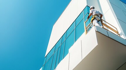 Construction scene with a worker applying paint to the exterior of a modern building clean surface under clear skies 