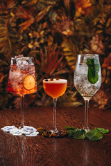 beautiful cocktails in warm colors on a flower background. cocktail or bar menu concept.
