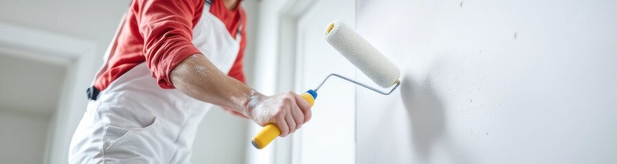 painter using a paint roller to apply white paint on a wall
