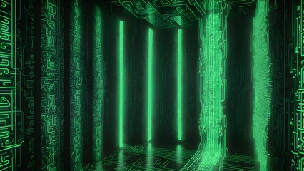 Luminous Green Circuitry: Futuristic Digital Room