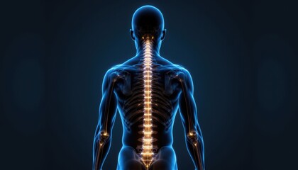 A digital illustration of a human spine and nervous system, highlighting the intricate details of the vertebrae and nerve pathways against a dark background.