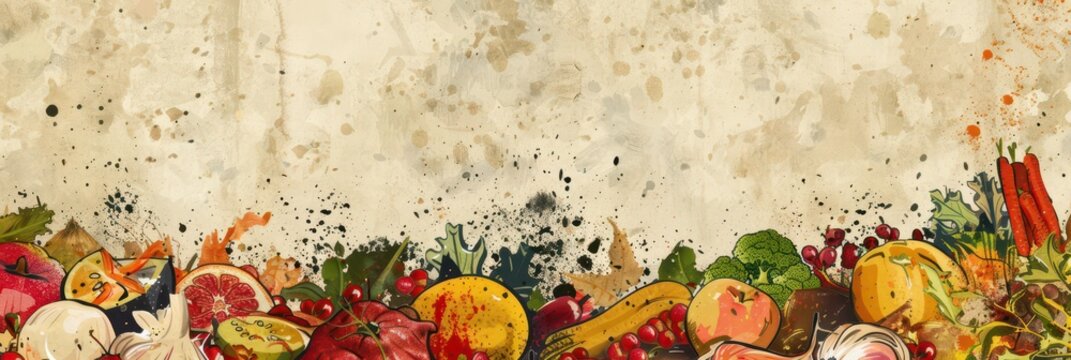 Stop food waste day concept with vibrant fruits and vegetables for awareness and sustainability. Horizontal banner. Copy space. Vintage illustration - Powered by Adobe