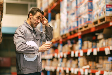 Male worker drinking coffee feel tired sleepy hard work overnight working indoor warehouse building