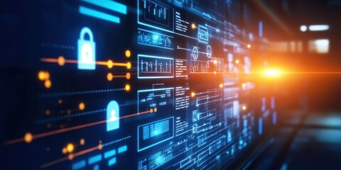 Obraz premium A futuristic blueprint style illustration of a sleek, advanced cityscape with towering skyscrapers and innovative transport systems.