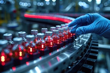 Fototapeta premium close up hand with sanitary gloves check Medical vials on production line at pharmaceutical factory