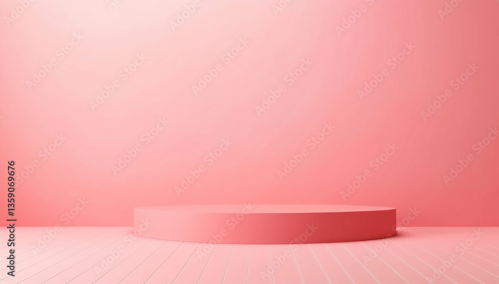Poster a minimalist pink room featuring a circular platform, ideal for presentations or displays, creating 