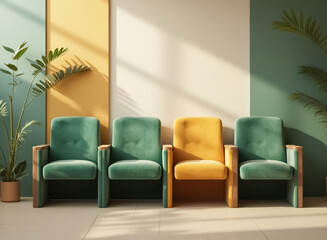 Fototapeta premium four velvet chairs in teal and yellow create a calming waiting area