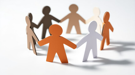 seven diverse paper figures holding hands in a circle symbolizing unity and togetherness