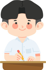 Boy is sitting and writing at the table cartoon